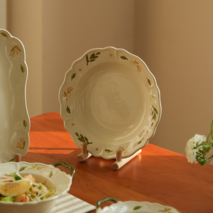 肆月中古风花边餐具套装好看的陶瓷盘子菜盘家用炒菜圆盘汤盘餐盘