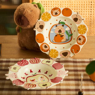肆月卡皮巴拉家用陶瓷草帽盘子可爱少女心早餐盘意面盘仪式感餐具