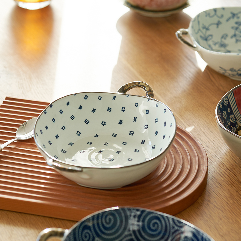肆月双耳碗带手柄的陶瓷餐具高颜值家用单个面碗汤碗日式吃饭大号
