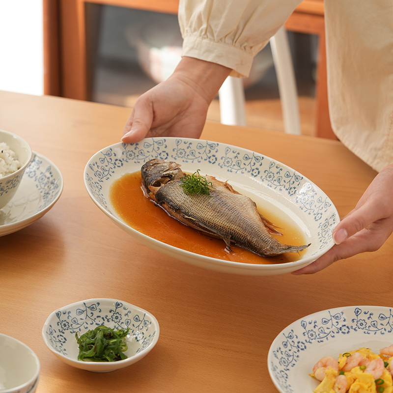 肆月陶瓷釉下彩鱼盘高级感蒸鱼盘