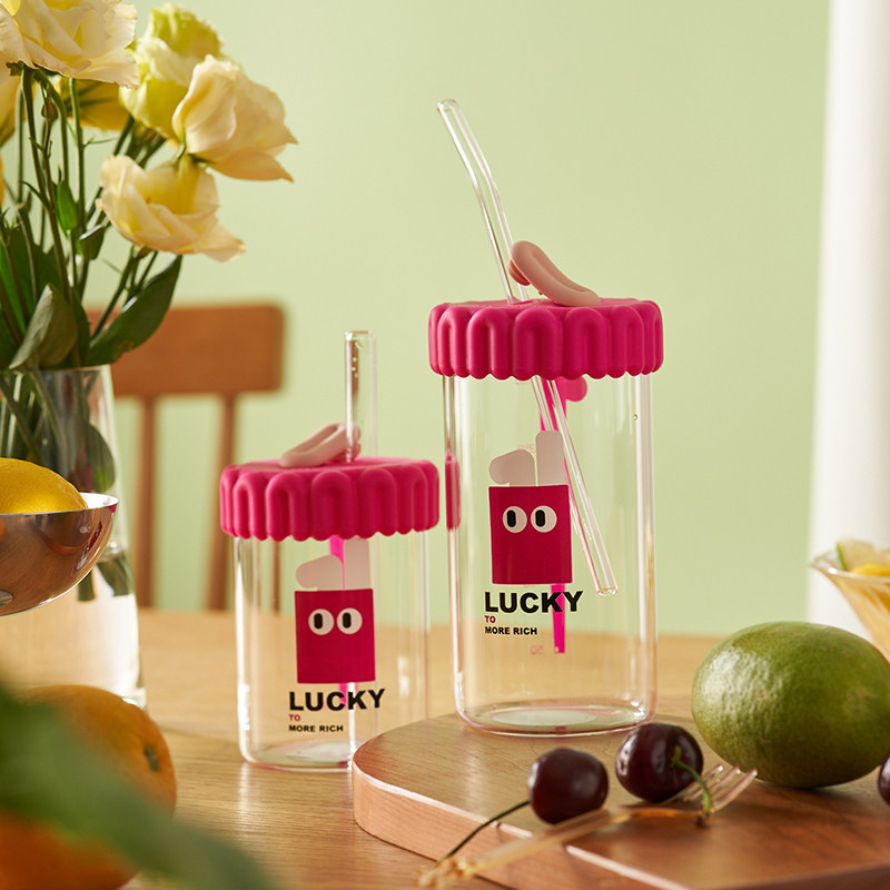 肆月美式多巴胺高颜值玻璃吸管水杯咖啡杯子果汁奶茶杯女新款2024,餐饮具,玻璃杯,淘宝优惠券,粉丝福利购,淘宝优惠卷