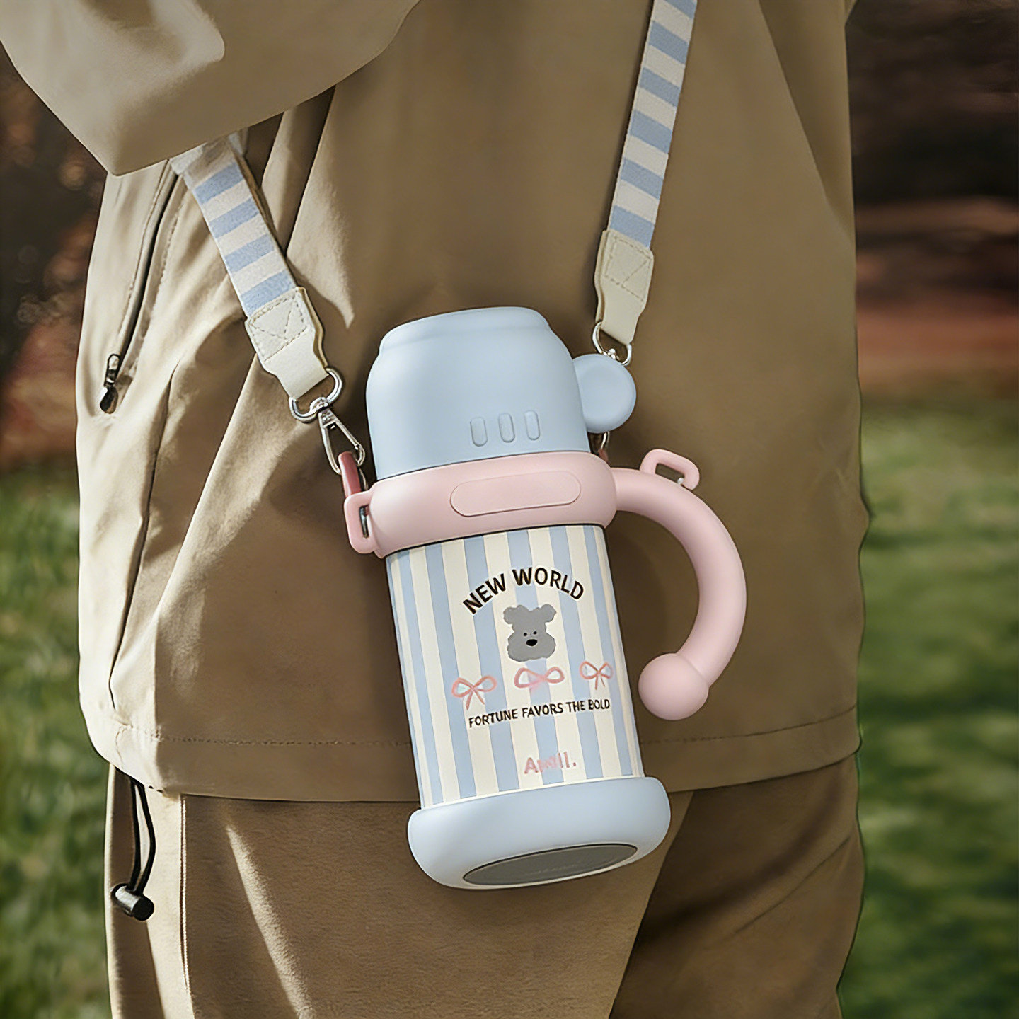 肆月吸管保温杯大容量水杯带杯盖女生可爱背带可斜挎杯子生日礼物