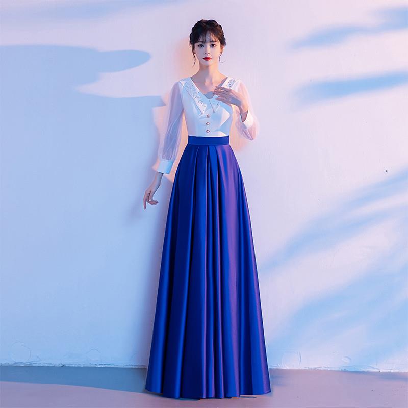 工厂价蓝色大合唱团演出服长裙女成人指挥比赛表演服装朗诵气质晚