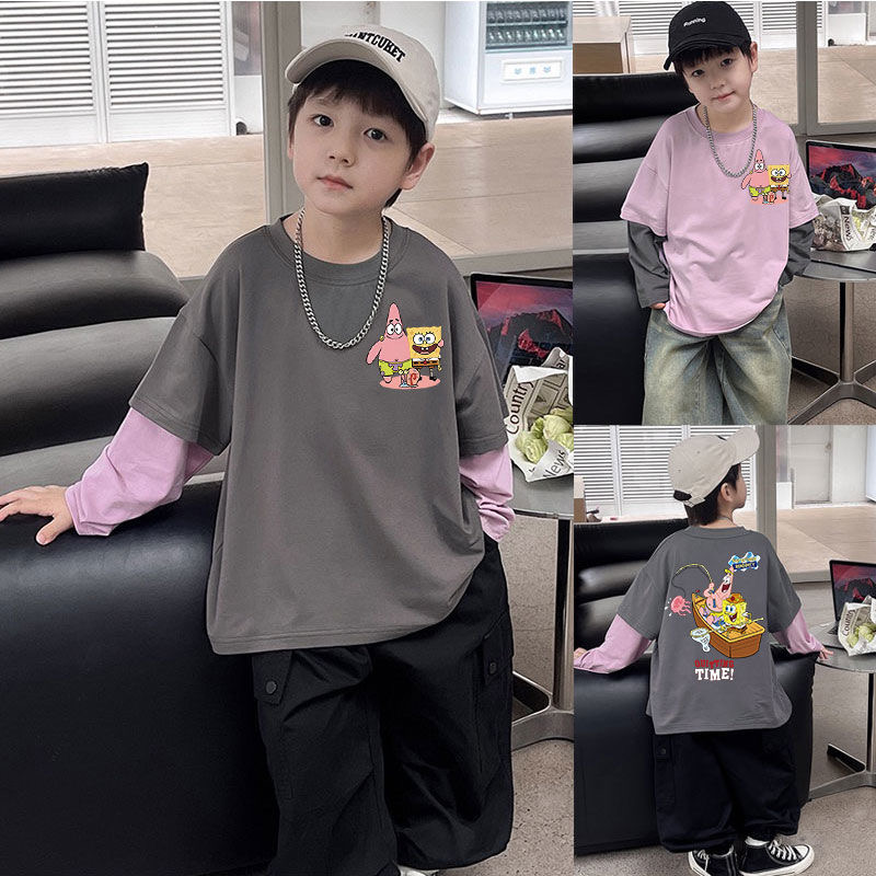 儿童长袖假两件纯棉T恤2024春秋新款男童女童卡通海绵宝宝上衣潮t