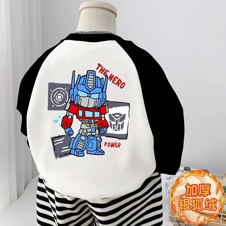 韩版男童女童纯棉加绒卫衣2024春秋冬款儿童卡通变形金刚保暖上衣