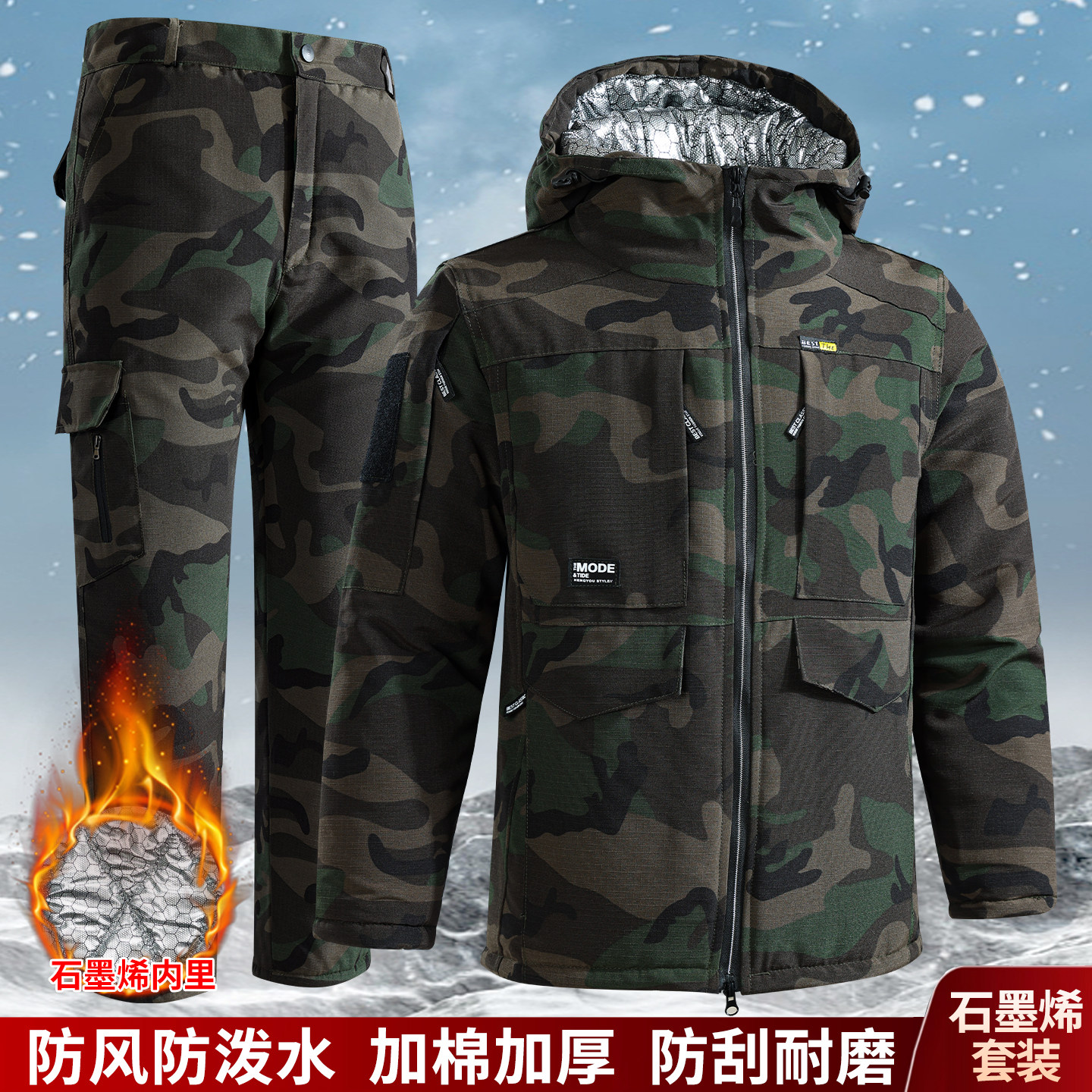石墨烯冬季迷彩中长款棉衣棉裤工装套装男女加厚保暖防水劳保服