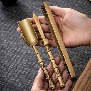 黄铜普洱茶刀三件套功夫茶具配件茶道六君子大全茶勺茶匙茶夹套装