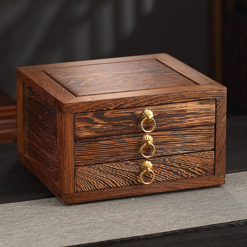 冠发鸡翅木普洱茶盒分茶盘实木多层评审盘茶饼储茶盒收纳盒抽屉式