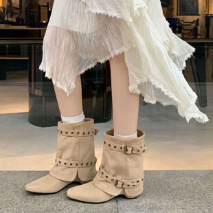内增高绒面方头裤管靴女2026新款秋冬季西部牛仔靴皮带扣骑士短靴