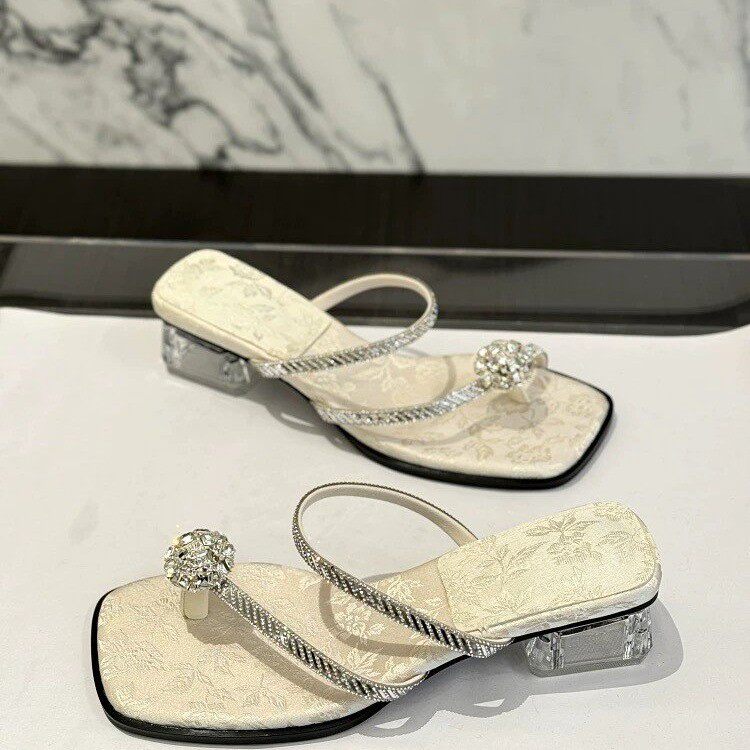 新中式水晶粗跟拖鞋女夏外穿水钻