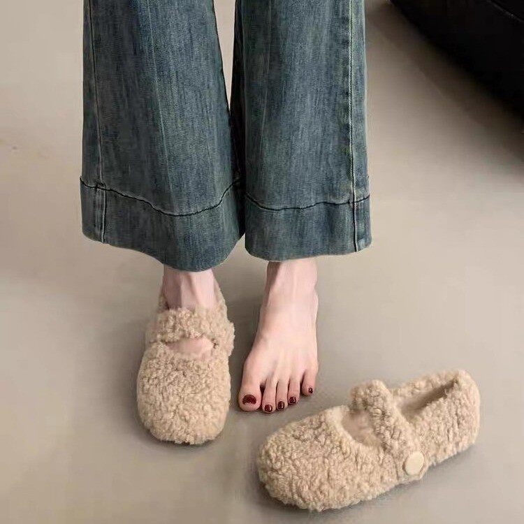 复古仙女风毛毛鞋女平底加绒棉鞋