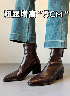 羊皮版方头粗跟短靴女显瘦马丁靴
