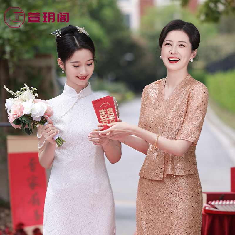 小个子喜妈妈婚宴装香槟色旗袍高端假两件套装婆婆婚礼高贵礼服
