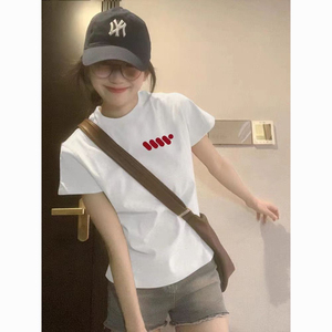 2024夏季新款爆款白色正肩短袖t恤女ins潮欧货洋气体恤衫纯棉上衣