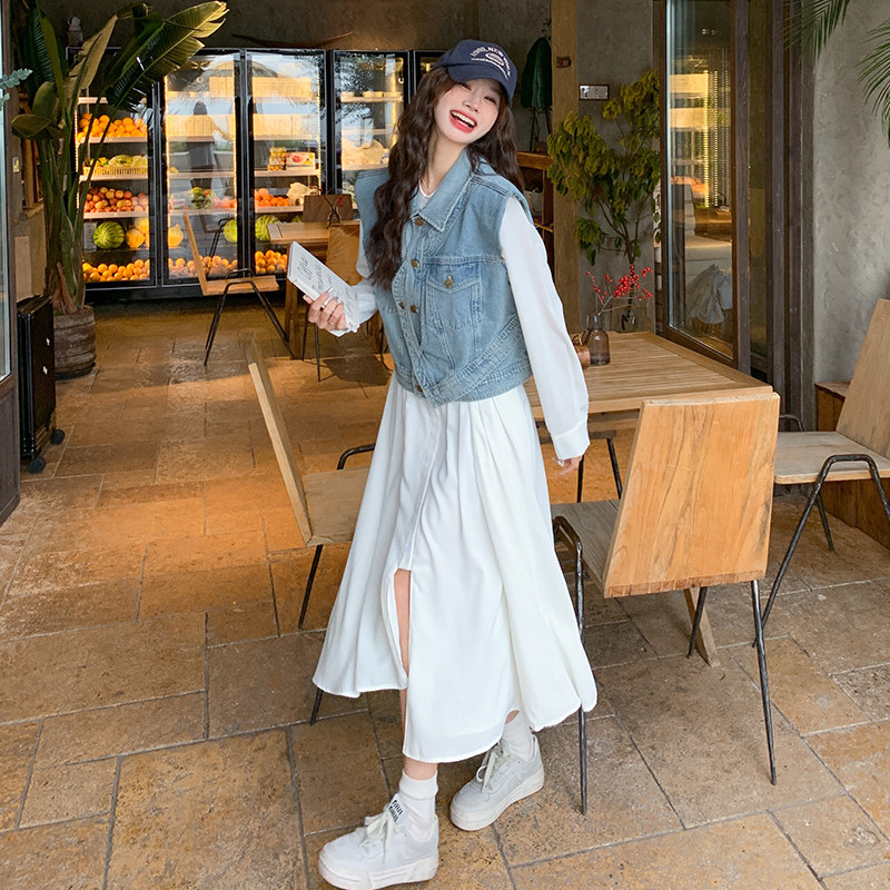 法式温柔风初恋连衣裙女春秋2025新款流行牛仔马甲套装裙子两件套图片