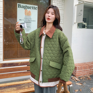 新款牛油绿拼接撞色菱形格绗线棉服091A-8852-p185k268图片