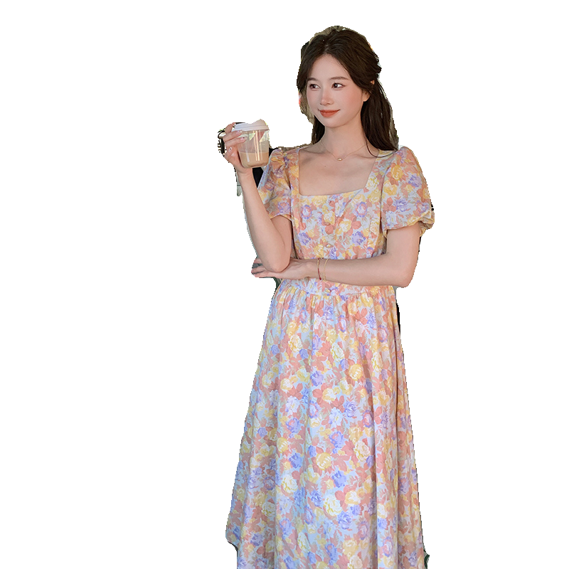 2024夏季新款超美印花碎花方领复古全棉连衣裙091A-2407-p110K168,女装连衣裙,浙宝091A