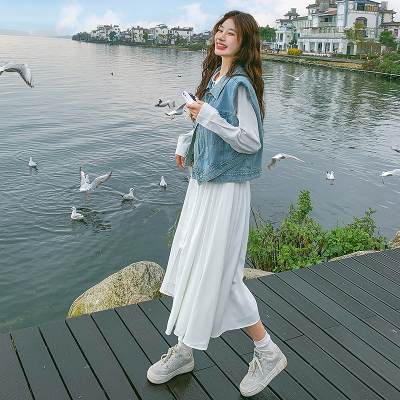 法式温柔风初恋连衣裙女春秋2025新款流行牛仔马甲套装裙子两件套,女装套装/套裙,浙宝091A