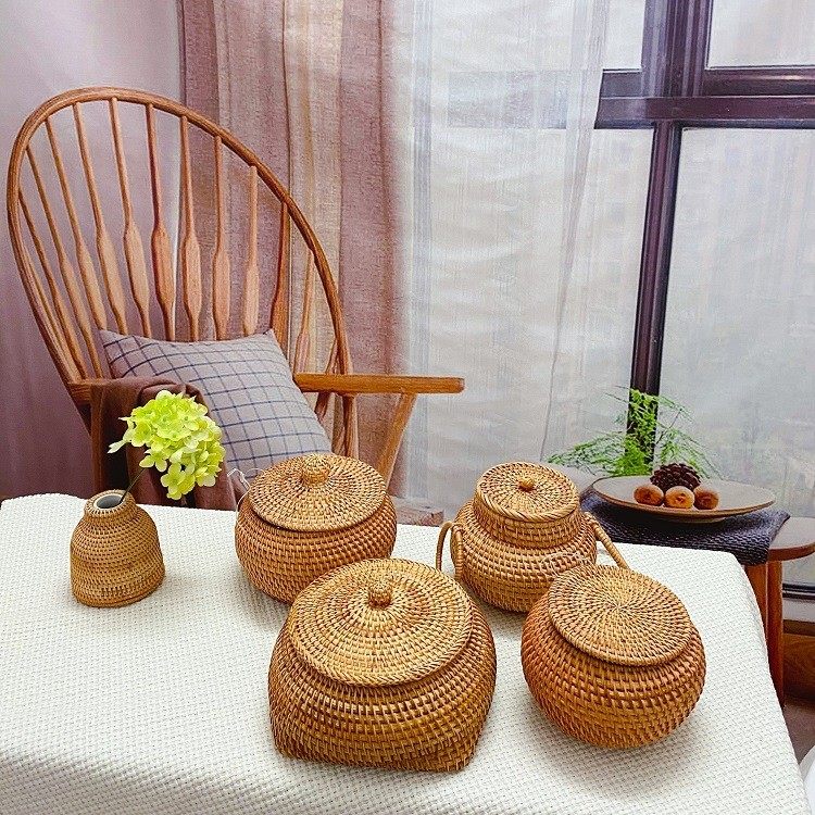 越南藤编糖果零食围棋收纳篮带盖钥匙客厅储物筐编织桌面整理盒子,收纳整理,桌面收纳盒,淘宝优惠券,粉丝福利购,淘宝优惠卷