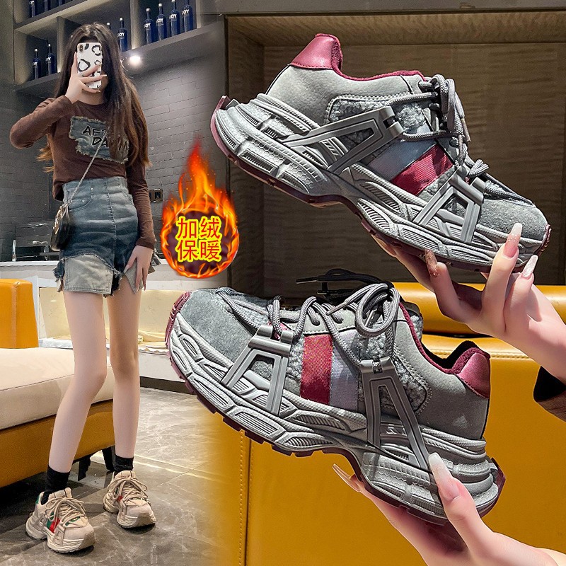 真皮显脚小厚底老爹鞋女款秋冬季新款加绒女鞋子运动鞋女