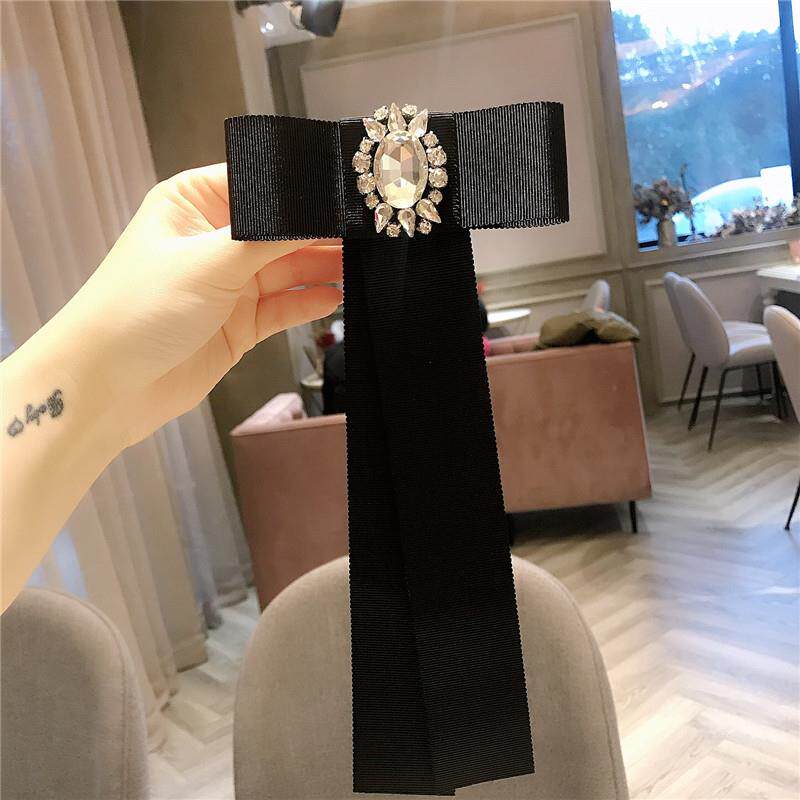 韩国学院风黑色钻饰领结长款飘带衬衫配饰复古宝石领针女胸针别针