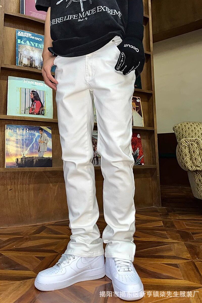 纯白色弹力牛仔裤男款夏季修身微喇美式高街vibe裤子高级感拉链裤