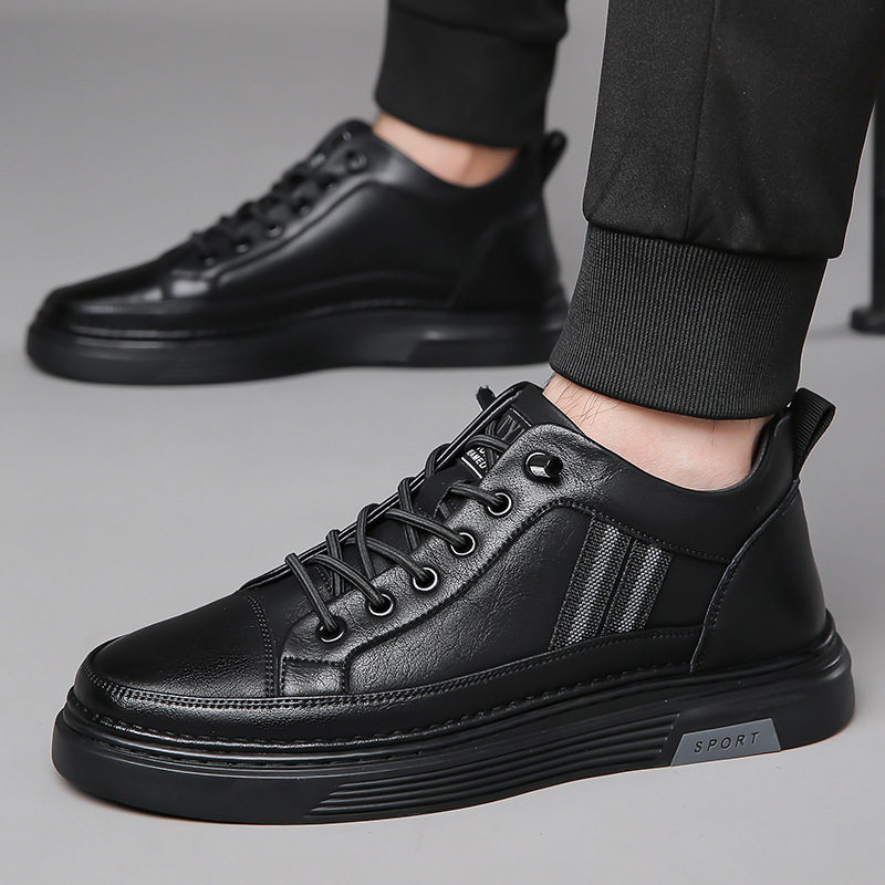 皮鞋男款秋冬加绒套脚潮流软底男士休闲鞋子潮鞋黑色运动百搭板鞋,流行男鞋,休闲板鞋,淘宝优惠券,粉丝福利购,淘宝优惠卷