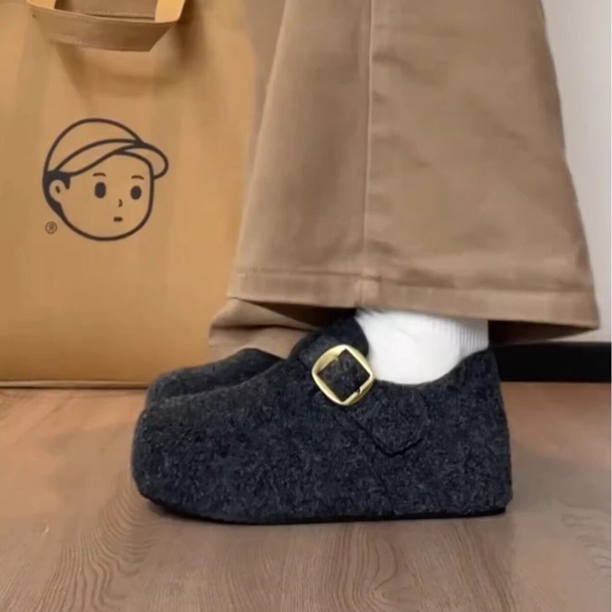 厚底灰色加绒勃肯鞋女2025秋冬新款毛呢鞋小个子保暖博肯棉鞋