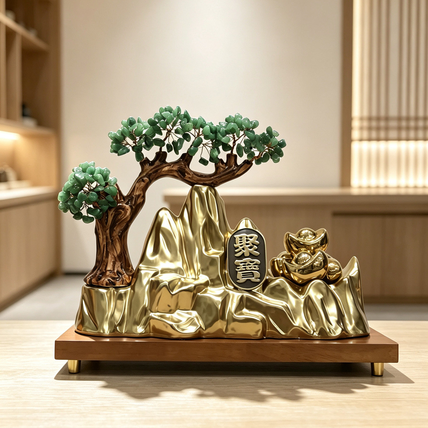 陶瓷金山聚宝盆摆件迎客松招财桌面装饰高档商务乔迁礼品聚财风水