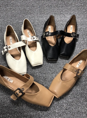 断码清仓处理新款IG女鞋搭扣浅口显瘦奶奶鞋方头真皮平底玛丽珍鞋