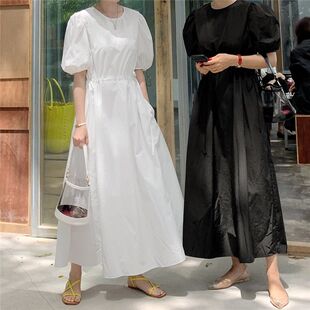 WM韩国宽松黑白色连衣裙女大码气质淑女中袖A字仙女裙子长裙夏