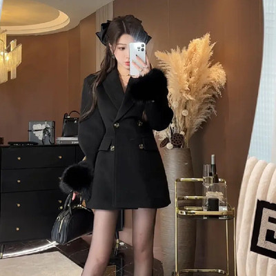 秋冬新款西装领黑色呢子外套女