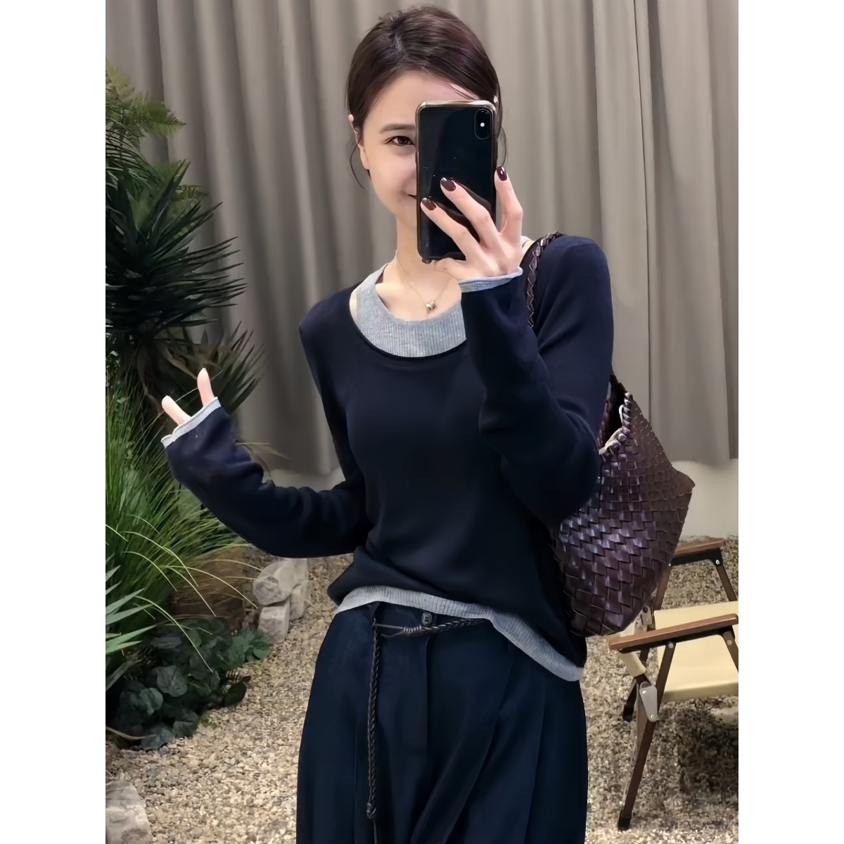 拼接撞色假两件吊带长袖t恤上衣