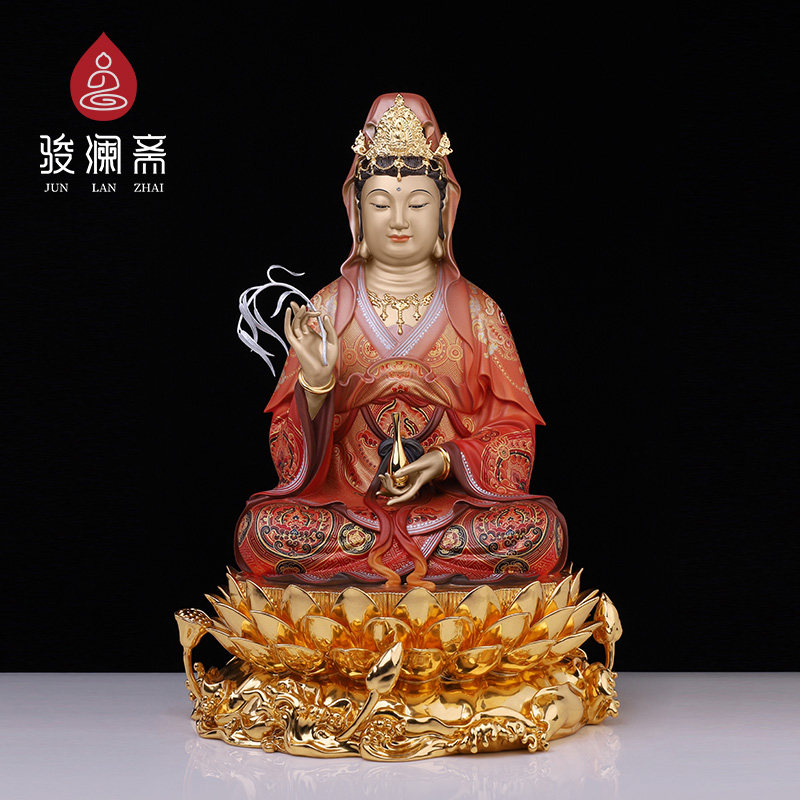 骏澜斋娑婆三圣的佛像供奉家用坐莲观音像南海观世音菩萨铜像神像