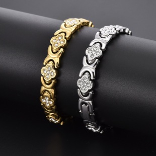 Stainless Steel Four-leaf Clover Diamond Magnetic Bracelet L