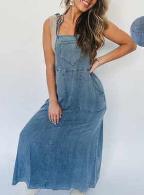 Ins Women's Dress-lace-up Style Denim Washed Multi-pocket Dr