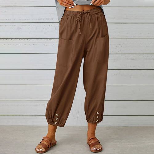 2025 Loose High Waist Button tton Pants Cropped Pants Women'