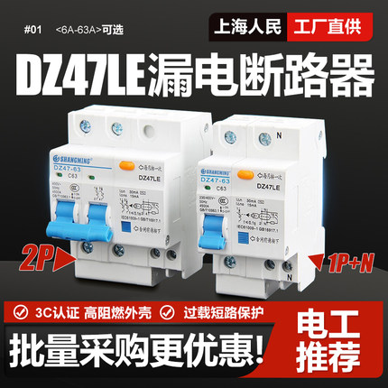 上海人民DZ47LE小型漏电开关断路器2P 3P+N漏电总闸家用保护器1P