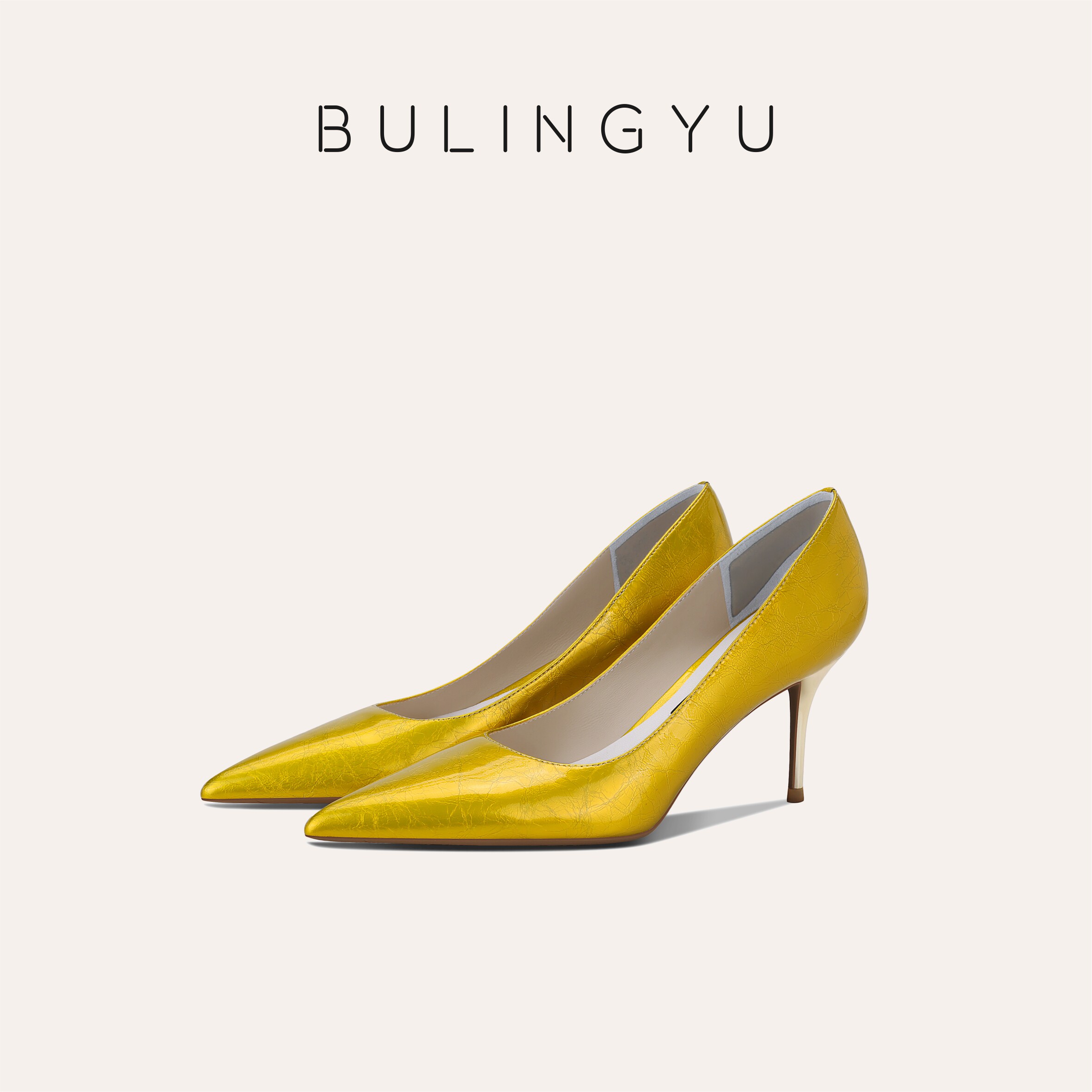 步翎羽雪花纹牛漆皮黄色时尚通勤真皮单鞋不累脚尖头细跟高跟鞋女