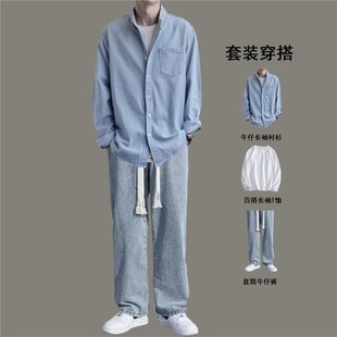 学生搭配工装 男生套装 衬衣宽松休闲外套 衬衫 日本专柜蓝色牛仔长袖