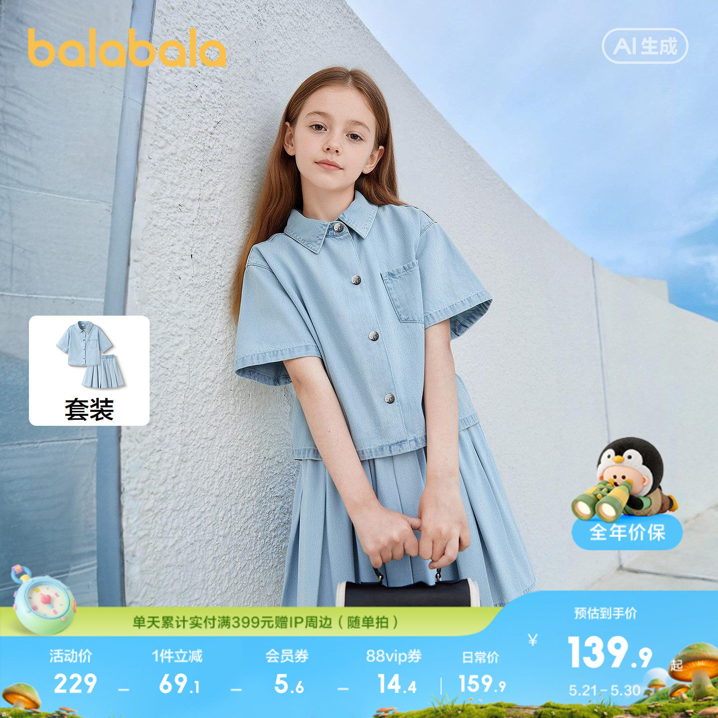 巴拉巴拉女童套装夏季儿童装2026休闲夏装牛仔两件套时尚百搭洋气