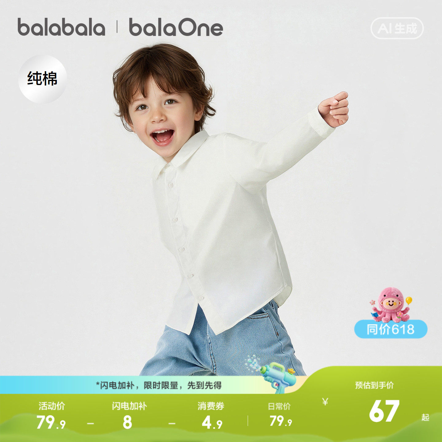 巴拉巴拉童装男童长袖衬衫宝宝2026新款春装纯棉亲肤纯色衬衣时尚