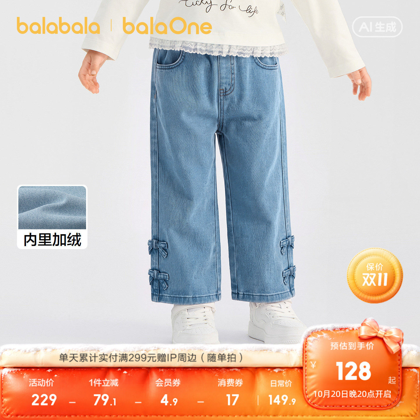 【balaOne】巴拉巴拉童装儿童长裤女童2026新款冬装抓绒牛仔裤子