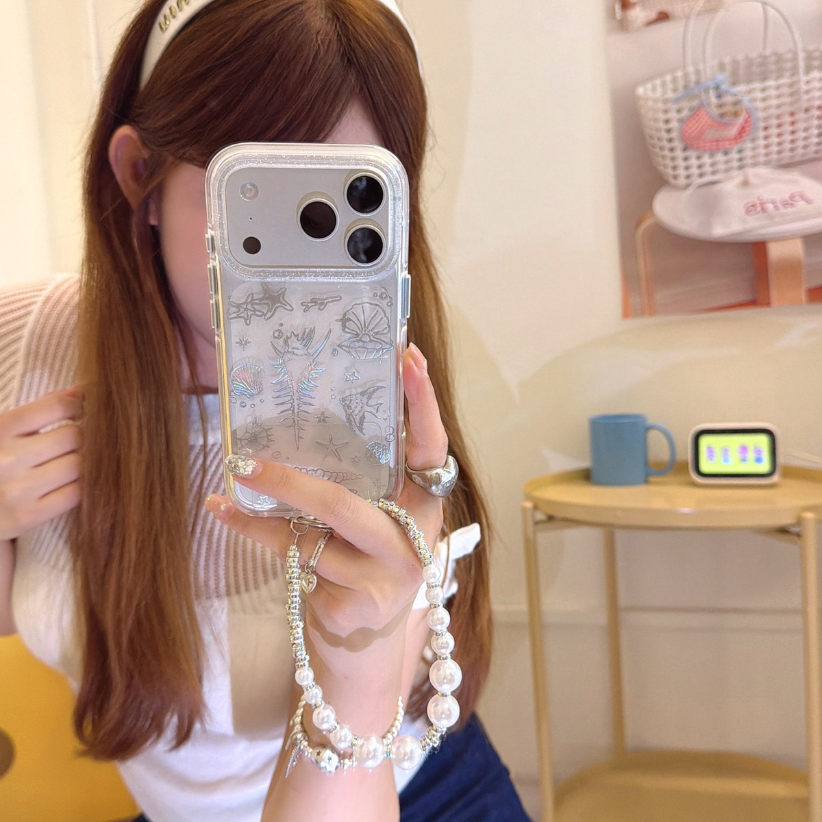 银色线条海螺贝壳小鱼适用于iphone17promax苹果16pro手机壳15p可爱卡通童趣14创意新款13防摔手链软壳