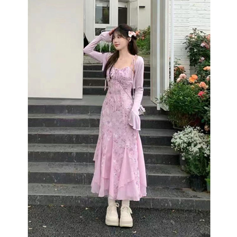 温柔浪漫风碎花吊带裙开衫两件套女春夏显瘦淑女套装