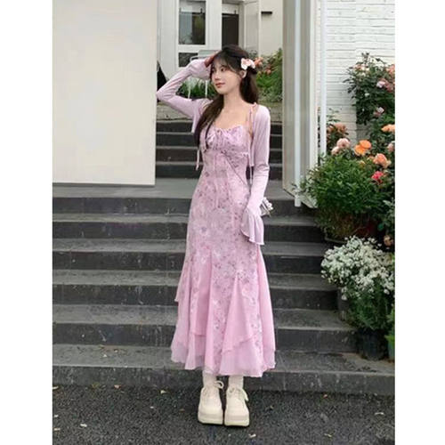 温柔浪漫风碎花吊带裙开衫两件套女春夏显瘦淑女套装