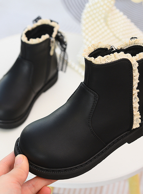 儿童加绒皮靴女童保暖公主靴冬季新款2025女孩时尚蝴蝶结防滑童靴