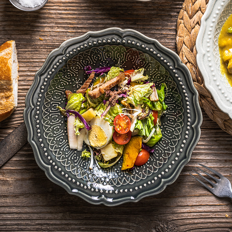 日式浮雕陶瓷餐具釉下彩蕾丝米饭碗汤碗水果沙拉碗牛排盘鱼盘餐具,餐饮具,盘,淘宝优惠券,粉丝福利购,淘宝优惠卷
