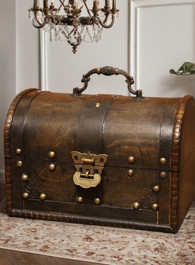 欧式怀旧收纳箱桌面收纳杂物小盒子拍摄道具家居摆件带锁木盒装饰