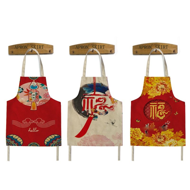 跨境亚麻围裙印花厨房福字喜字清洁防污无袖围裙现做ogo工厂